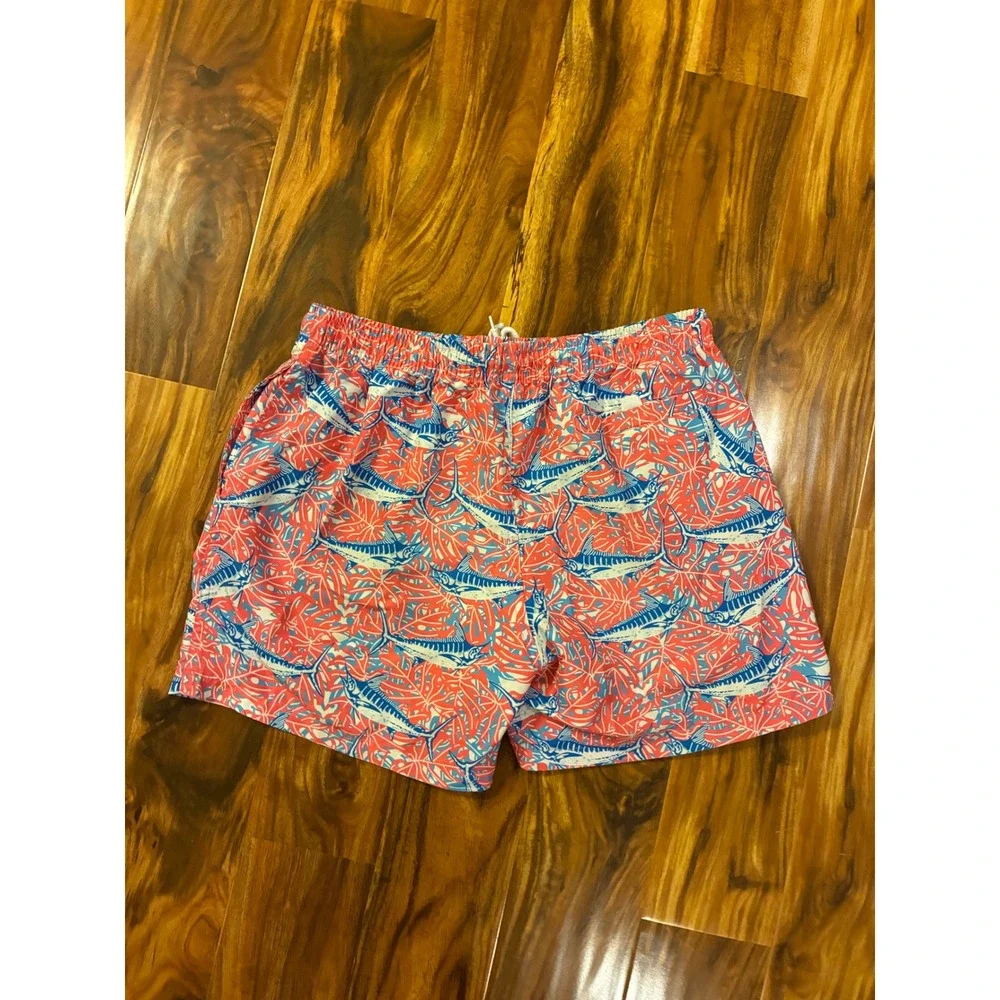 Mens Tropical Marlin Print Swim Trunks Coral Blue Palm Leaf Board‎ Shorts Large